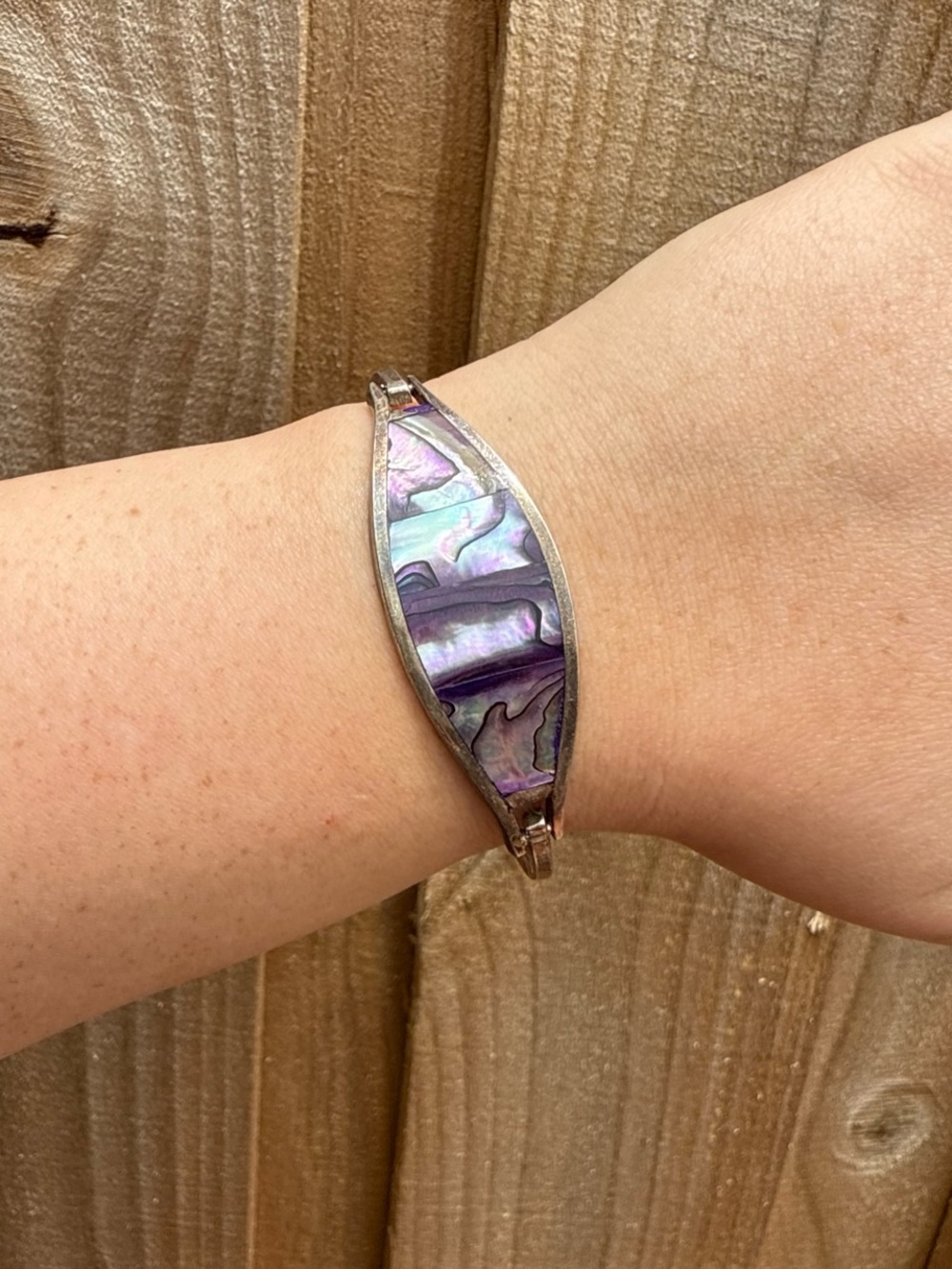 Vintage Mexican Alpaca Abalone Shell Inlay Bracelet - Purple Iridescent